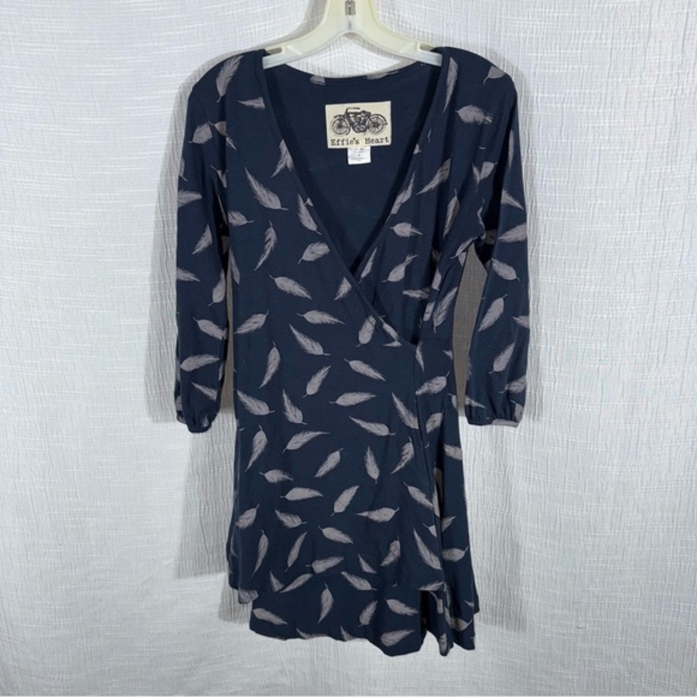 Effie’s Heart Navy Feather Print Wrap Dress
